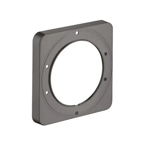 Metallisches, quadratisches Zubehoerteil mit einem runden Ausschnitt in der Mitte und mehreren Befestigungslöchern, möglicherweise für Dusch- oder Sanitärinstallationen.
